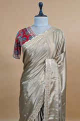 Grey Tissue Silk Mirror Applique and Cutdana Worked Saree with Ajrakh Printed Readymade Blouse