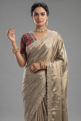 Grey Tissue Silk Mirror Applique and Cutdana Worked Saree with Ajrakh Printed Readymade Blouse