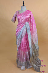 Pink and Grey Omber Organza Silk Saree with Weaving Pallu and Readymade Blouse