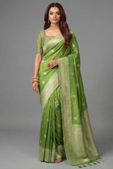 Olive Green Dola Tissue Silk Woven Saree with Readymade Blouse
