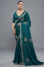 Peacock Blue Satin Silk Beads and Mirror Worked Saree with Readymade Blouse