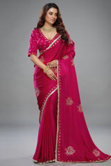 Rani Pink Satin Silk Beads and Mirror Worked Saree with Readymade Blouse