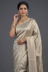 Light Grey and Golden Two Toned Moroccan Design Woven Saree with Designer Readymade Blouse