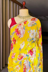 Yellow Crepe Silk Digital Floral Printed Saree with Sequin Cutdana Work Lace