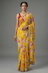Yellow Crepe Silk Digital Floral Printed Saree with Sequin Cutdana Work Lace