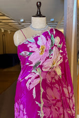 Magenta Crepe Silk Floral Printed Saree with Scallop Sequin Beaded Border