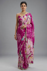Magenta Crepe Silk Floral Printed Saree with Scallop Sequin Beaded Border