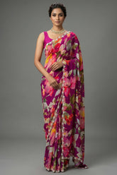 Dark Pink Chiffon Silk Floral Printed Saree with Beaded and Sequin Work On Border