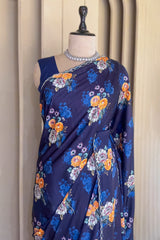 Dark Blue Crepe Silk Floral Digital Printed Saree with Beaded Cutdana Work Scallop Border