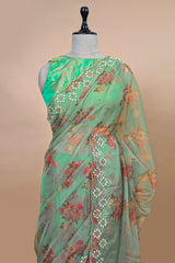 Light Green Organza Floral Printed Saree with Beaded and Diamond Work On Border