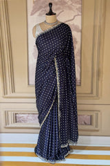 Dark Blue Crepe Silk Printed Saree with Scallop Cutdana Beaded Border
