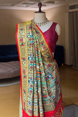 Sage Green Two Toned Art Silk Saree with Thread Embroidered Pallu and Border