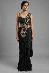 Black Crepe Satin Silk Floral Embroidered Readymade Saree