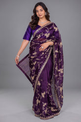 The Deep Purple Organza Saree with All-Over Floral Zari Vines and Cutdana Borders