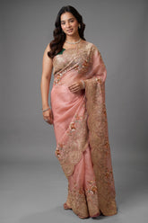 Dusty Pink Organza Saree Featuring Artisanal Marodi And Mixed-Media Floral Scalloped Borders