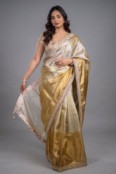 Dual-Tone Silver Golden Tissue Saree Featuring Intricate Handwork Lace Border With Coordinated Heavy Blouse