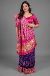 Deep Indigo Purple Gaji Silk Bandhani Saree With Applique Embroidery Pink Border And Pallu