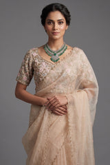 Metallic Silver Organza Saree Featuring Handcrafted Sequins and Beads Work with Readymade Blouse