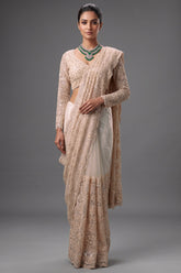 Ivory White Net Saree with Heavy Sequins Embroidery and Stitched Full-Sleeve Blouse