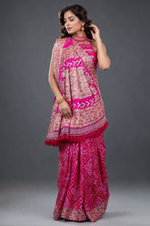 Hot Pink Georgette Bandhani Saree Featuring Beads Zardosi Border with Tassel Detailing
