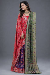 Purple and Red Silk Patola Saree with Traditional Ikat Motifs and Beads Applique Border