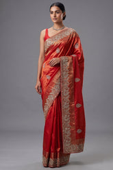 Bridal Red Metallic Kanchipuram Tissue Saree with Intricate Woven Zari and Handcrafted Zardosi and Sequin Embroidered Borders