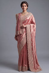 Dusty Rose Gold Tissue Silk Saree with Handcrafted Scalloped Zardosi Border and Intricate Beadwork