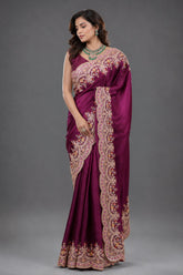 Dark Magenta Silk Organza Saree with Intricate Multi-Color Resham and Hand-Done Embroidery