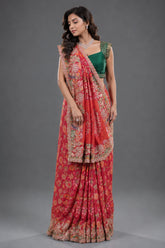 Pink Woven Kalamkari Georgette Saree with Handcrafted Embroidery and Heavy Sequin Beaded Scalloped Border