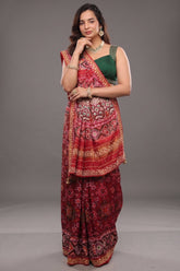 Red Silk Saree with Woven Patola and Handcrafted Cutdana and Bead Work Embroidery