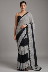 Black and White Printed Crepe Silk Saree with Hand-Embellished Sequin and Diamond Accents