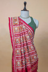 Pink Silk Traditional Patola Saree with Beads and Mirror Work