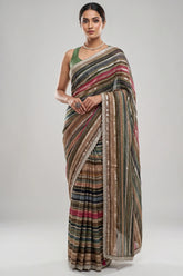 Brown and Multi Colored Georgette Striped Saree with Beads and Cutdana Lace