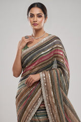 Brown and Multi Colored Georgette Striped Saree with Beads and Cutdana Lace
