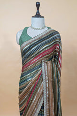 Brown and Multi Colored Georgette Striped Saree with Beads and Cutdana Lace