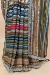 Brown and Multi Colored Georgette Striped Saree with Beads and Cutdana Lace