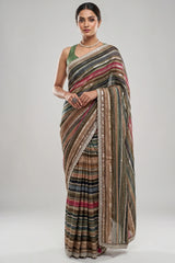 Brown and Multi Colored Georgette Striped Saree with Beads and Cutdana Lace