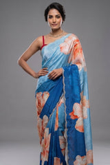 Blue Ombre Crepe Silk Floral Printed Saree