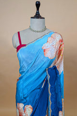 Blue Ombre Crepe Silk Floral Printed Saree