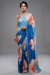 Blue Ombre Crepe Silk Floral Printed Saree