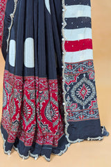Black Crepe Silk Ajrakh Printed Saree