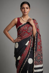 Black Crepe Silk Ajrakh Printed Saree