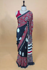 Black Crepe Silk Ajrakh Printed Saree