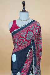 Black Crepe Silk Ajrakh Printed Saree