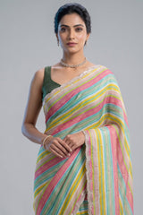Multi Colored Satin Silk Stripe Printed Saree