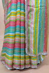Multi Colored Satin Silk Stripe Printed Saree