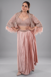Light Pink Net Handworked Sequin Cutdana Crop Top with Pleated Drape Skirt and Fringe Tassel Cape Jacket