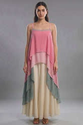 Multi Colored Georgette Square Neck High and Low Layered Asymmetric Hem Detail Co-Ord Set