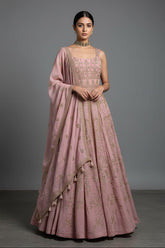 Onion Pink Embroidered Anarakli Suit with Dupatta in Mul Chanderi