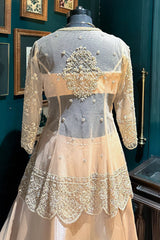 Beige Net Embellished Sequin Cutdana Worked Slit Cut Peplum Top with Lehenga